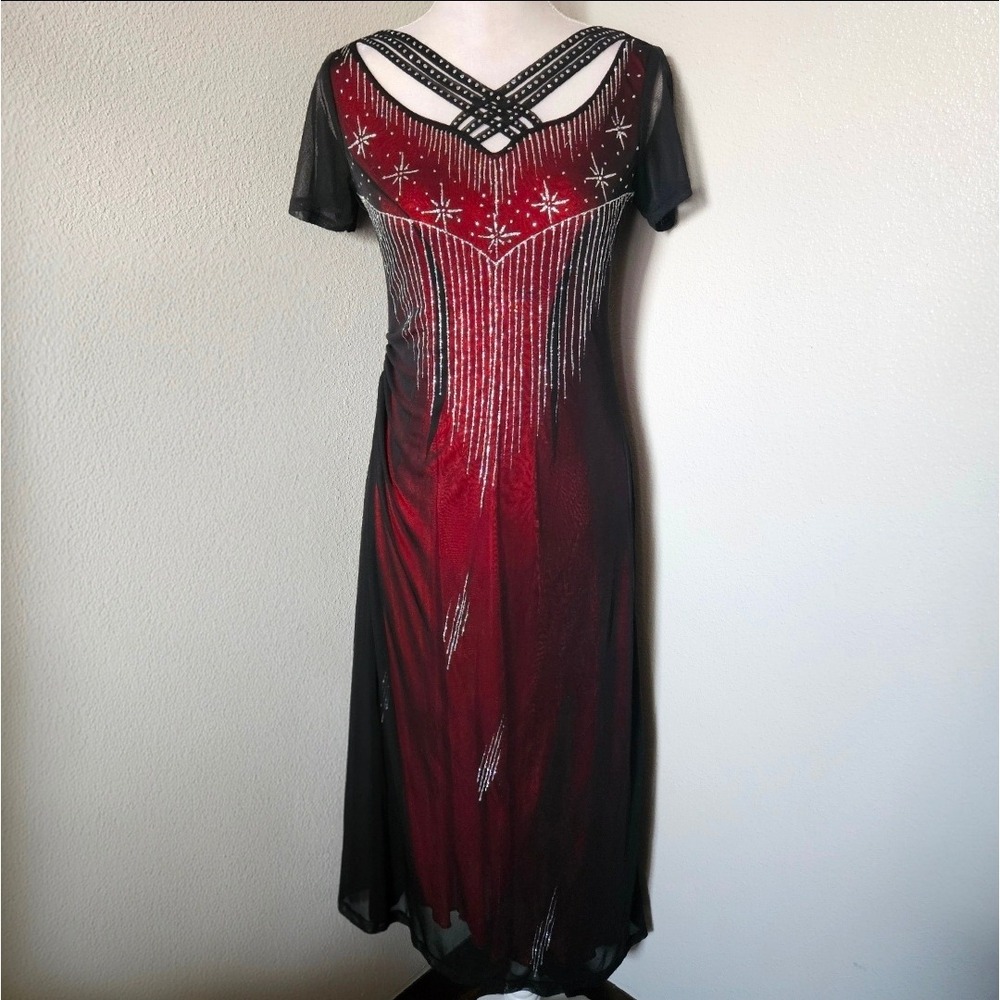 Vintage Red Silk Black Mesh Overlay Glitter Starburst Cocktail Dress - Picture 2 of 9